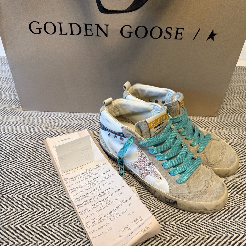 Golden Goose Sneakers with Turquoise Laces and Glitter-MidStar